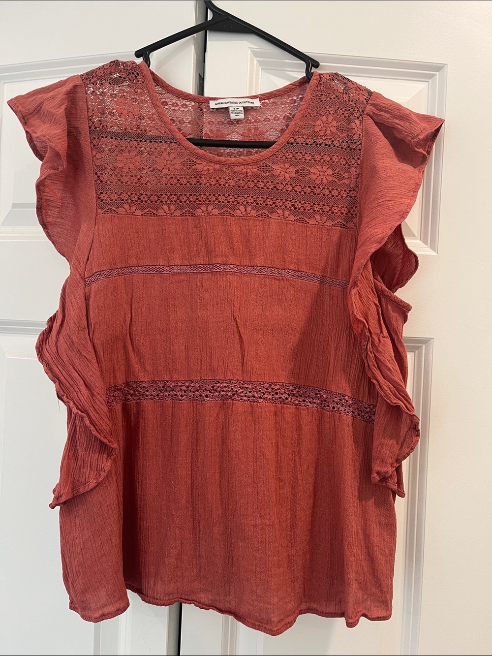 AEO Rust Lace-Trim Flutter Sleeve Top